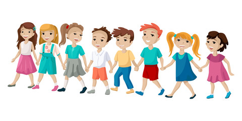 The group of children holding hands and cross the road. Vector illustration