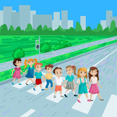 The group of children holding hands and cross the road. Vector illustration