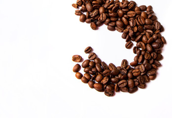 Studio shot, Close-up of coffee bean on white background. Set of fresh roasted coffee beans. copy space.
