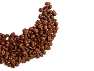 coffee beans in shape of heart. Studio shot, Close-up of coffee bean on white background. Set of fresh roasted coffee beans. copy space.