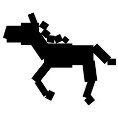 black silhouette of a galloping horse made of rectangles and squares