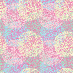 Pastel textured overlapping circles seamless vector pattern. Decorative girly surface print design in yellow blue pink and green.