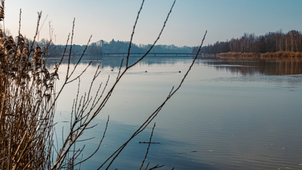 Beautiful view with reflections near Niederpöring, Isar, Bavaria, Germany