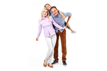 family and people concept - happy smiling mother, father and little daughter over white background