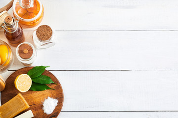 Natural eco home cleaner soap, salt, lemon, vinegar, baking soda, flat lay with copy space. Zero waste concept.