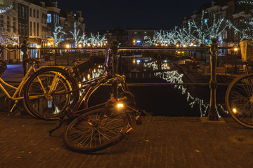 Leiden by night, lights in the city center.