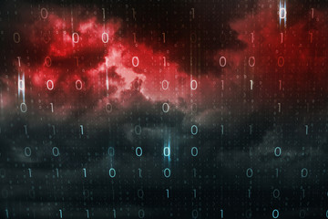 Dark red and blue coloured dangerous clouds with computer binary data background