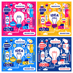 Vector set of creative business illustration of mechanism of work light bulb with tag word on color background. © wowomnom