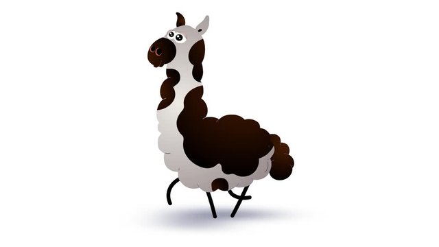 Cartoon llama animation seamless transitions &ndash; start, walk, stop, one step and blinking eyes. Alpha channel included. Cute 2d hand made South American brown and white animal character.