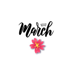 March word. Hand lettering typography With flowers. Vector illustration as poster, postcard, greeting card, invitation template. Concept March advertising