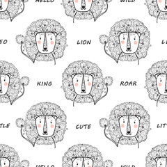 Seamless pattern for kids with Cute Floral Lion. Hand drawn doodle Lion Head with Dandelion Flower Mane Summer background. Cartoon Animal vector illustration. Wallpaper for Children