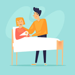 Man visits his wife in the hospital. Baby. Birth of a child. Flat design vector illustration.