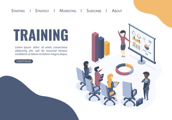 Obraz premium Isometric vector illustration. The concept of business training. Corporate training. Seminar for employees. Analysis of statistics. Briefing. 