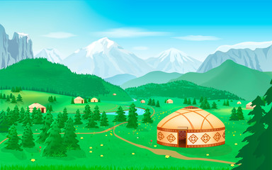 Mountain landscape with yurts, meadow, trees, nomad life, summer pasture vector illustration