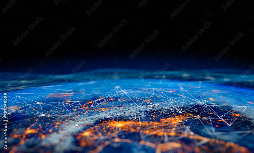 Aufkleber Communication technology for internet business. Global world network and telecommunication on earth cryptocurrency and blockchain and IoT. Elements of this image furnished by NASA