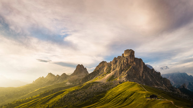 Ra Gusela, Averau and Nuvolao peaks during a cloudy sunset, Cortina d'Ampezzo, dolomites, Veneto, Italy