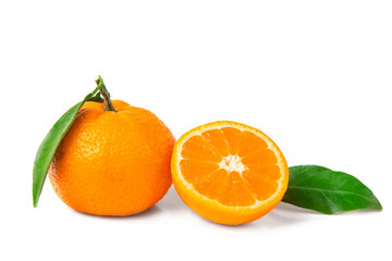 Naklejka na ściany i meble Fresh, bright fruits. Tangerines with leaf on a white isolated background.