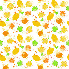  Multicolored citrus fruits in vector flat style and watercolor spots on a white background. illustration. vector