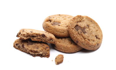 Round broken wholewheat biscuit with chocolate isolated on white background
