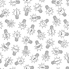 Sketch Light Bulb Idea Symbols Set Vector Seamless pattern. Hand drawn doodle Light Bulbs with Various Items background