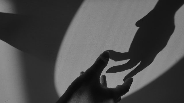 Black and white image of a hand delicately touching its own shadow on the wall