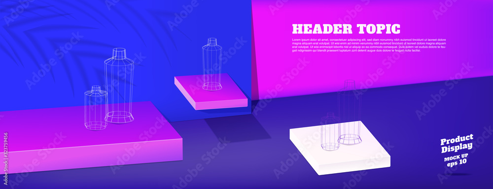 Poster summer studio table with product display block background.vivid purple pink and blue with palm leaf 