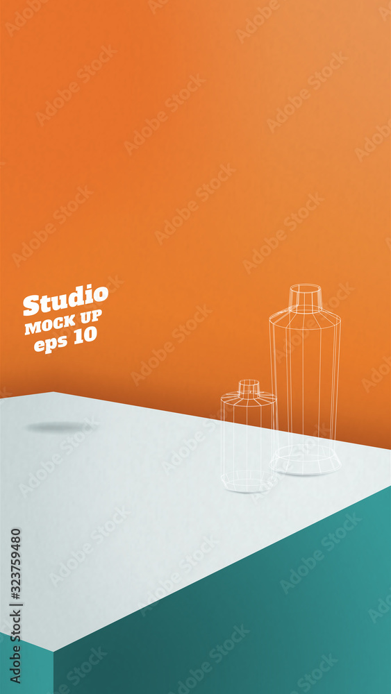 Fototapete studio table background.vector,vivid turquoise product display block with orange wall.mockup for dis