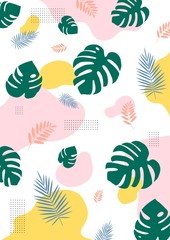 Minimal pastel pink and yellow tropical summer background with monstera and palm leaves
