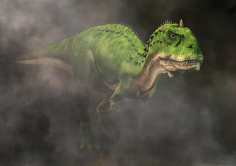 Majungasaurus was a carnivorous theropod dinosaur that lived in Cretaceous era Madagascar. Here a green one is depicted emerging from fog. 3D Rendering 