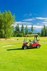 Red golf cart over nice green and blue sky
