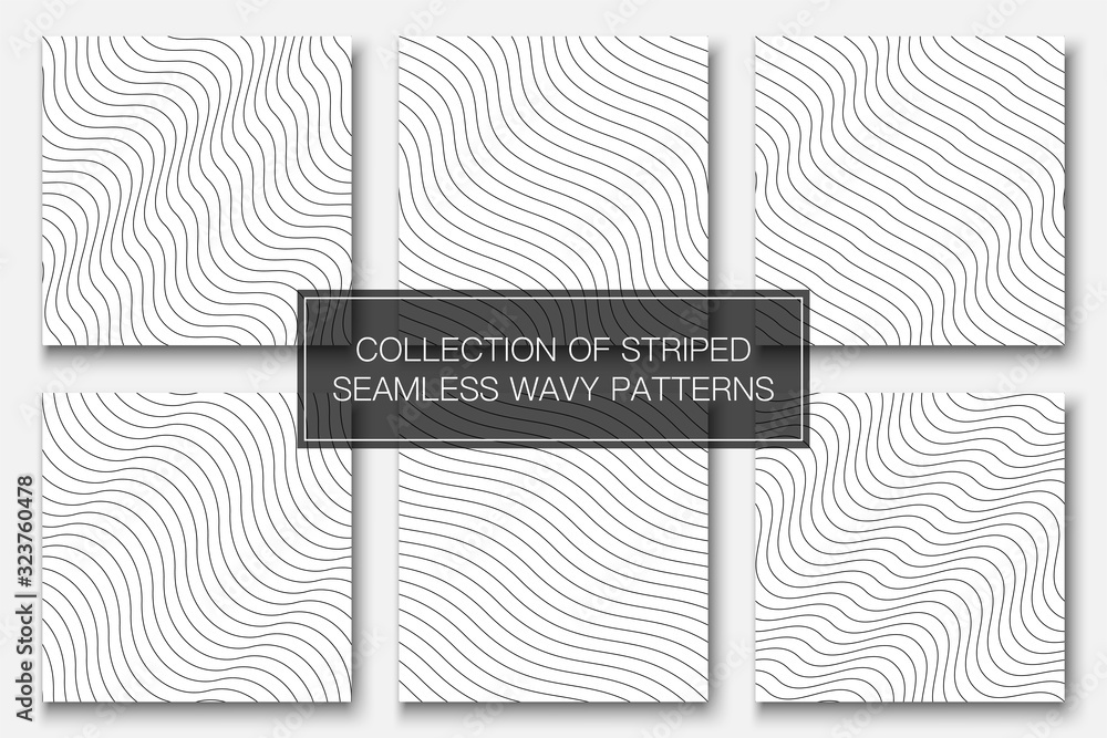 Wall mural set of vector simple seamless outline patterns. striped endless wave texture. white repeatable minim