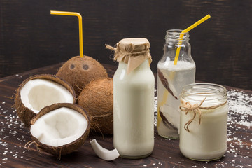 Coconuts and coconut flakes, coconut beverage. Nutritious vegetable food and drink