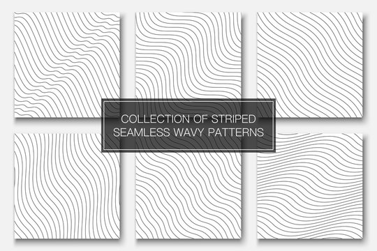 Set of vector simple seamless outline patterns. Striped endless wave texture. White repeatable minimalistic backgrounds with black wavy lines
