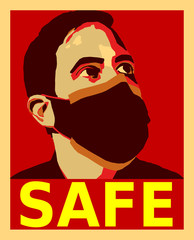 A man with a mask and a beard looks into the distance, illustration. Including yellow text SAFE. Red background.