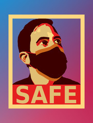 A man with a mask and a beard looks into the distance, colorful illustration. Including text SAFE. Pink and turquoise background.