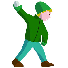 Boy playing snowballs in winter. Vector illustration on a white isolated background