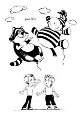 Two boys launch balloons in the sky on a birthday. Zebra and raccoon fly in the sky. Greeting card