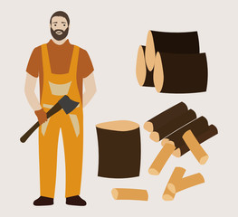 A handyman bearded farmer in an orange jumpsuit stands with an ax near a pile of firewood. Flat vector illustration.