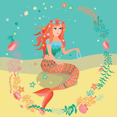 The little mermaid is sitting on a stone, a cartoon. Vector illustration. - 323762270