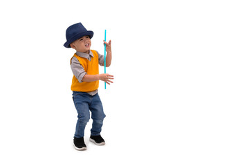 Asian magician boy wearing hat isolated on white background