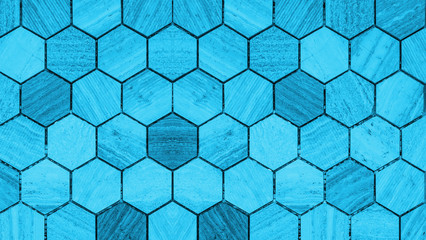 Blue modern tile mirror made of hexagonal tiles texture background
