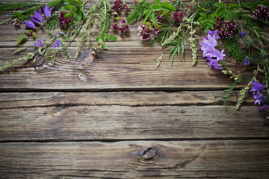 Wildflowers On Dark Old Wooden Background