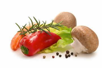 Salad ingredients isolated - bell pepper, lettuce and mushrooms