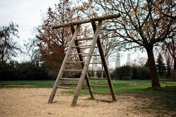 Wooden ladder in a children's playground for exercise