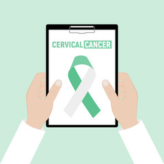 Holding a clipboard. Banner with Cervical Cancer Awareness Realistic Ribbon. Design Template