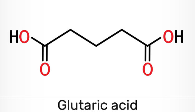 Glutaric acid, C5H8O4 molecule. It is simple five-carbon linear dicarboxylic acid.  Skeletal chemical formula