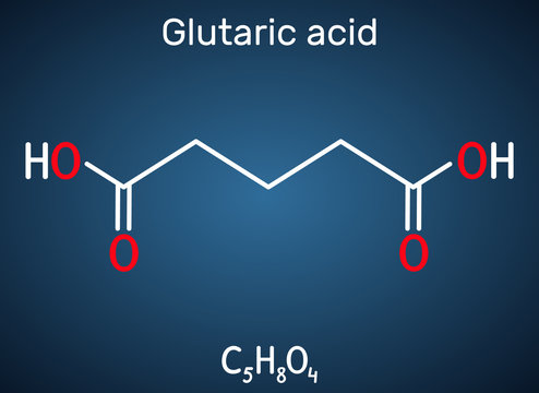 Glutaric acid, C5H8O4 molecule. It is simple five-carbon linear dicarboxylic acid.  Structural chemical formula on the dark blue background