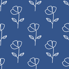 White cute hand drawn flowers seamless repeat vector pattern.White flowers on blue background,color of the year.