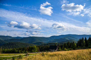  Mountain landscape with an old wooden house in the Carpathian. A house near old forest. Lifestyle...