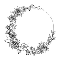 Floral frame. Spring blossom. Vector linear hand drawn illustration. Flowers in circle. Black and white doodle 